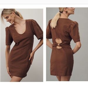Anthropologie Brown Sheath Dress with Puff Sleeves and Cutout‎ Back